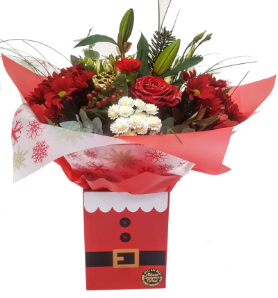 Secret Santa Hand-tied - Bring cheer and joy to your nearest and dearest with this stunning mixed Christmas Hand-tied combining traditional reds and whites & shimmering golds presented in its very own Santa Clause box. Perfect gift this Christmas.