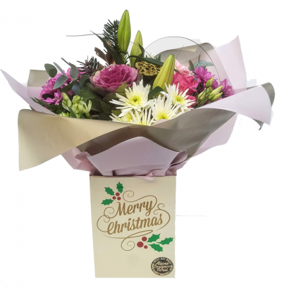 Christmas Wishes - Christmas Wishes Hand-tied bouquet - A beautiful mixed content hand-tied bouquet of soft pinks & creams with gold foliage and glitters. Presented in a gift box with a festive " Merry Christmas" message. Ideal gift to send your warmest wishes this christmas