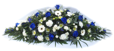 Florist Choice Blue and White Casket Spray - DE002 - A traditional Casket top spray, consisting of a beautiful selection of mixed quality fresh flowers in blues and whites with various emphasising foliage, arranged in a symmetrical end to end diamond shape to sit perfectly upon the coffin. A lovely fitting tribute, Available in sizes from 3ft to 6ft