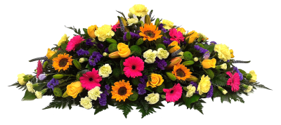 Vibrant Sunshine casket spray - DE004 - A Vibrant double ended casket spray arrangement to place on top of the coffin containing pink gerbera and sunflowers, yellow roses and orange lilies and mixed foliage