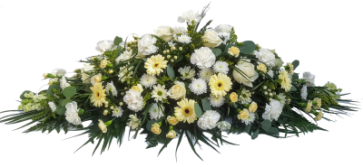 Florists Choice Lemon and White double ended casket spray - DE005 - A traditional Casket top spray, consisting of a beautiful selection of mixed quality fresh flowers in lemons and whites with various emphasising foliage, arranged in a symmetrical end to end diamond shape to sit perfectly upon the coffin. A lovely fitting tribute, Available in sizes from 3ft to 6ft depending on how much of the casket you require to be dressed. Created by our talented team at Alison's Designer Florist in Maghull, Liverpool