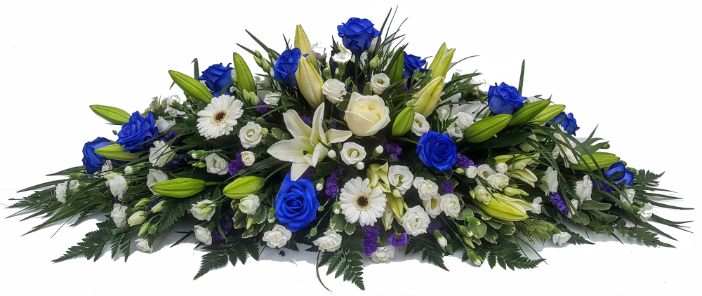 White Oriental Lily & Blue Rose Mixed Casket Spray - DE007