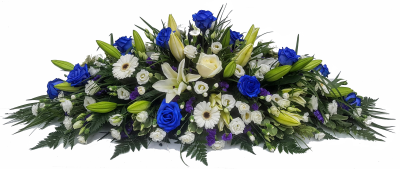 White Oriental Lily & Blue Rose Mixed Casket Spray - DE007 - A contemporary arrangement of oriental white lilies with classic foliage and Everton blue roses by Alison's designer florist Maghull Liverpool