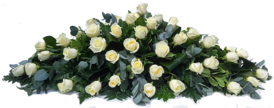 Rose Casket Spray - White -DE008 - A Classic casket spray of Large headed White roses and with a variety of foliage Including Leatherleaf, eucalyptus, and aspidistra leaves