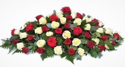 Red and White Rose Casket Spray - DE009 - A  beautiful display of Luxurious Red and white large headed roses with complimenting foliage. Created by our expert team of florists in Maghull, Liverpool