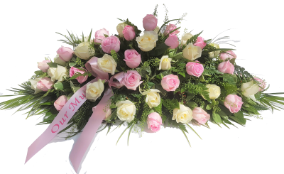 Pink and White Rose Casket Spray -DE011 - A  beautiful display of Luxurious pink and white large headed roses with complimenting foliage