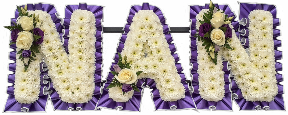 Purple and White Funeral Lettering