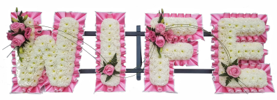 Pink & White Funeral Lettering - A massed chrysanthemum Wife base edged in Pink & white pleated ribbon with sprays to match with Large headed Pink Roses and foliage. Beautifully created by our expert team of florists in Maghull & Lydiate, Liverpool, Merseyside.