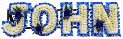 Blue & White Funeral Letters - Beautiful Blue & White Funeral Lettering created by our expert team of florists in Maghull & Lydiate, Liverpool, Merseyside.