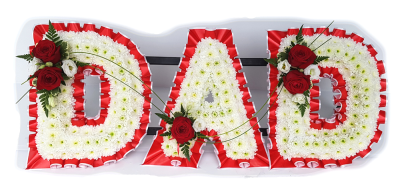 Red & White Funeral Letters - A massed chrysanthemum Dad base edged in Red and white pleated ribbon with sprays to match with Large headed Red Roses and foliage. Beautifully created by our expert team of florists in Maghull & Lydiate, Liverpool, Merseyside.