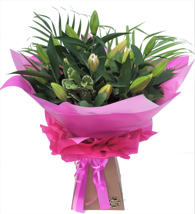 Pink Lily Hand-tied| Alison's Designer florist in Maghull | Liverpool - A stunning elegant display of pink lilies combined with a selection of mixed foliage's,  For collection in store or for delivery in Maghull, Lydiate,  and surrounding area