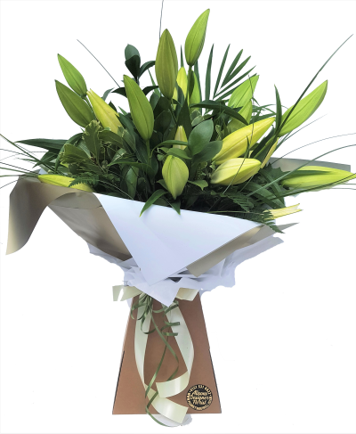 White Oriental Lily Hand-tied - A stunning elegant display of white lilies combined with a selection of mixed foliage's,  ideal gift. For collection or delivery in Maghull, Lydiate, Melling and surrounding area