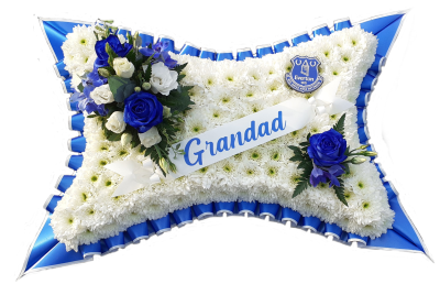 Everton Pillow - A massed pillow edged in blue and white pleated ribbon, with blue rose sprays and an Everton badge. Ribbon sash can be anything you like