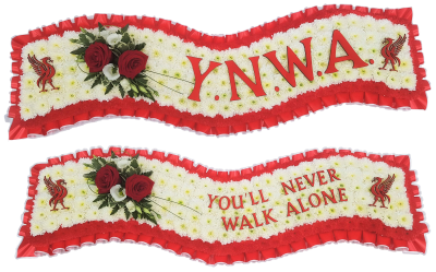 YNWA Football Scarf |Liverpool funeral flowers Kirkby Aughton Lydiate - A massed football scarf base edged in Red and white pleated ribbon with sprays to match with Red Roses and foliage with two liver birds and wording YNWA or You'll never walk alone.