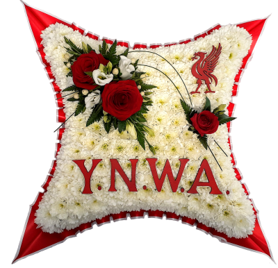 YNWA Cushion| Alison's Designer florist | funeral flowers Liverpool - A cushion-shaped design created a mass of white chrysanthemums and finished with a spray of red roses and double pleated red and white ribbon trim and a YNWA and liver bird logo