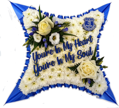 Everton Cushion - Everton Cushion with a spray of white roses and finished with a double pleated Blue and white ribbon trim and a you're in my heart, you're in my soul and an Everton badge.