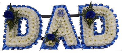 Everton Dad Tribute - blue and white - A massed chrysanthemum Dad base edged in Everton Blue and white pleated ribbon with sprays to match with Large headed White Roses and white chrysanthemums and foliage