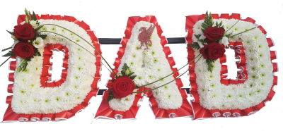 Liverpool Dad Tribute- red and white - A Dad base edged in Red and white pleated ribbon with sprays to match with Large headed Red Roses and white chrysanthemums and foliage. And finished with a liver bird