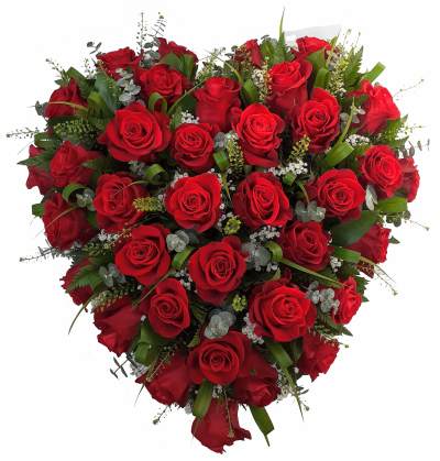 Red Rose Heart - A heart-shaped base covered with a mass of Red large headed roses by Alisons designer florist Maghull Liverpool.