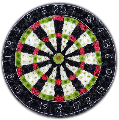 Dartboard Funeral Tribute - Dart Board  tribute - Massed in chrysanthemums, this sporting tribute is a stunning tribute to anybody who loved the game or a member of  darts team.