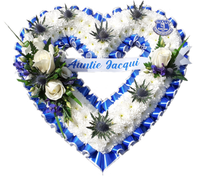 Open Inner Heart - Everton Blue - A Heart design created using a mass of white chrysanthemums and a spray of white roses and blue thistle double pleated Blue and white ribbon and completed with an Everton badge.