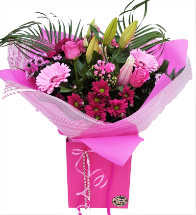 Pink Mix Florist Choice Hand-tied Bouquet - A beautiful election of fresh flowers with foliage's, chosen by our team at Alison's designer florist, an ideal gift selection may vary depending on seasonal availability.