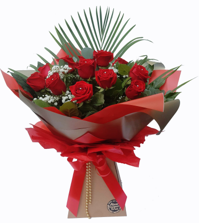 Twelve Red Rose Hand-tied - A luxury arrangement of long stem red roses with gypsophila and mixed foliage. in a decorative gift box with each individual rose having a diamante pin finish.