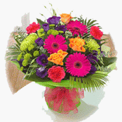 Vibrant Sunbeam Hand-tied - An electrifying combination of stunning cerise gerbera, Orange roses, Purple Lisinathus, shamrock blooms and carnation create this perfect gift to brighten any ones day.