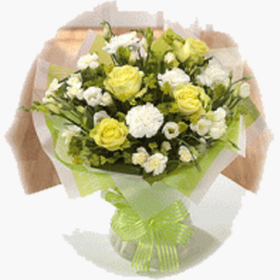 Sunshine Hand-tied Bouquet - Fresh and bright. suitable for any occasion. Our florists select a combination of yellows, whites and greens to create a lovely hand tied bouquet. Ideal to brighten anybody's day.