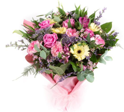 Candy Hand-tied - A delightful gift of lemon and pink blooms with a hint of lilac including roses and gerberas. Created to the highest possible standard by our team florists in Maghull, Liverpool