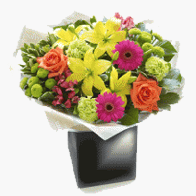 Vibrant Colour  Hand-tied - Someone is going to love this gift. this striking hand-tied takes centre stage right away. With roses, lilies, carnations, and so much more, certainly will brighten any ones day.