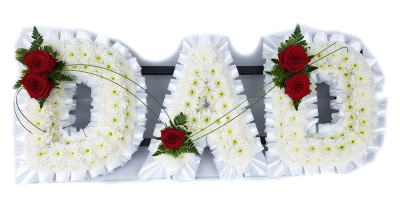 Dad Tribute- White and Red - A massed chrysanthemum Dad base edged in white pleated ribbon with sprays with Large headed Red Roses and foliage by Alisons designer florist Maghull Liverpool