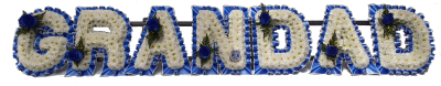 Everton GRANDAD - A mass of White spray double Chrysanthemums, Edged in Blue pleated ribbon with sprays to match made by our team of florists at Alisons Designer florist in Maghull Liverpool