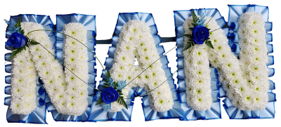 Pale Blue Funeral Letters - A mass of White spray double Chrysanthemums, Edged in pale blue pleated ribbon with sprays to match made by our team of florists at Alisons Designer florist in Maghull