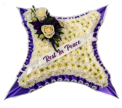 Cushion - Purple and White - A cushion-shaped design created using a mass of white double chrysanthemums and finished with a spray of white roses and finished with a double pleated Purple & White ribbon trim