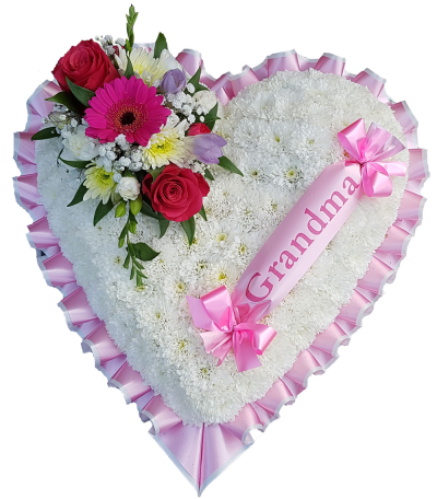 Massed Heart -  Pink - A classic heart-shaped design covered with a mass of white, edged in Pink and white ribbon finished with a spray of roses, Germini and eucalyptus. With personalised Grandma Ribbon