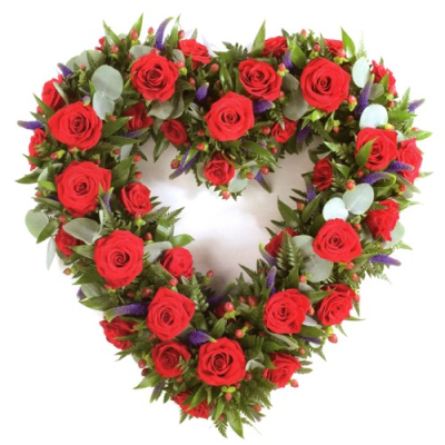 Open Design Heart- Red Roses and veronica - A lovely red rose open heart tribute, including deep Red Roses with contrasting Purple Veronica and subtle foliage