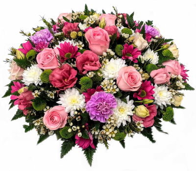 Shades of Pink - A beautiful selection of mixed pink shades with hints of white & Lime flowers and a combination of mixed foliage to create this stunning posy pad.