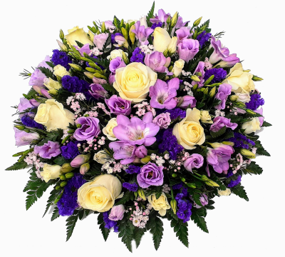 Shades of Lilac - A beautiful mixed selection of soft lilac, rich purples & classic white flowers and a combination of mixed foliage to create this stunning posy pad.