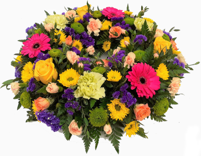 Vibrant Wreath - Vibrant Coloured traditional wreath combines Yellow Roses, Purple statice, carnations and cerise mini gerberas to create a Stunning Wreath.