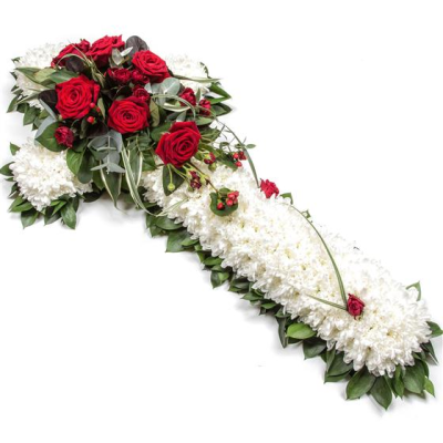 Massed Cross - Red Rose - Beautiful cross is massed with white Chrysanthemums, with gorgeous red roses are the main feature to the spray which sits central on the cross.