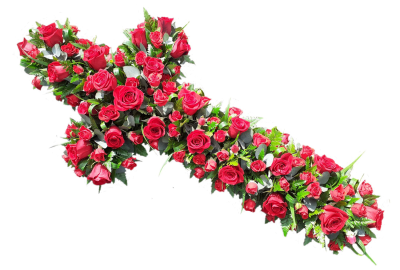 Red Rose Cross - A stunning Cross Design featuring Red Roses and Red Spray Roses and mixed foliage