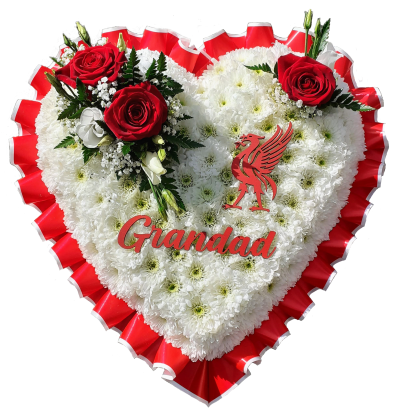 Massed Heart - Red - A beautiful heart made from white double chrysanthemums edged in a Red and white pleated ribbon with a spray of Red Naomi roses and white lisianthus