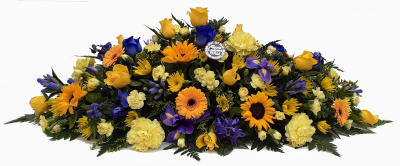 Florists Choice Yellow and Blue double ended casket spray - A Florists Choice double ended casket spray arrangement to place on top of the coffin containing , yellow roses and Blue Roses and Iris and mixed foliage