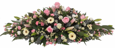 Pastel Casket - Pinks & Lemons - DE008 - A Casket spray, consisting of fresh flowers in Pinks and lemons with mixed foliage, A lovely fitting tribute, Available in sizes from 3ft to 5ft.