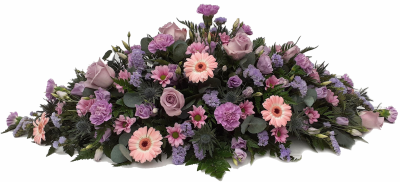 Casket Spray - Lilac & Pink - DE012 - A beautiful Casket spray of quality fresh flowers in Lilac and soft pink with various foliage, arranged in a symmetrical end to end diamond shape to sit perfectly upon the coffin.