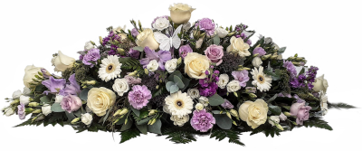 Casket Spray - Lilac & White - DE014 - Casket spray in Lilac and whites with various emphasising foliage, arranged beautifully by Alison's Florist, Delivered across Aughton, Ormskirk and Liverpool Area