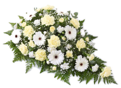 Carnation and Gerbera Teardrop Spray - Lemon - Carnation and Gerbera Teardrop Spray - Lemon - This striking floral tribute includes a generous selection of fresh carnations, spray carnations and gerbera, all in lemon and white.