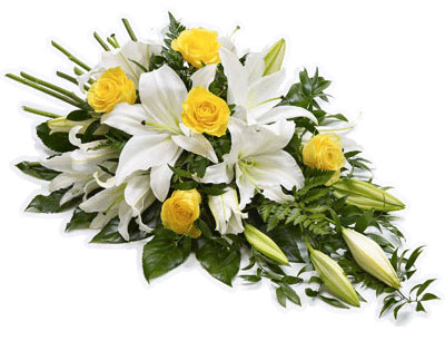 Rose and Lily Spray - Yellow and White - A classic single ended mixed spray in yellow roses and white oriental lilies and lush foliage