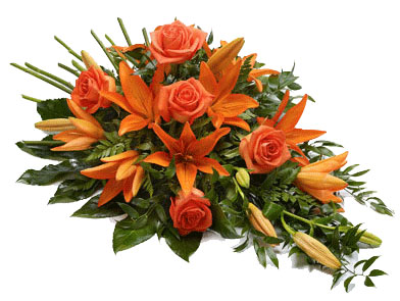 Rose and Lily Spray - Vibrant - Vibrant Rose and Lily Spray - Mixed foliage nestled amongst Orange Asiatic Lily and Orange large-headed roses in this classic teardrop spray.